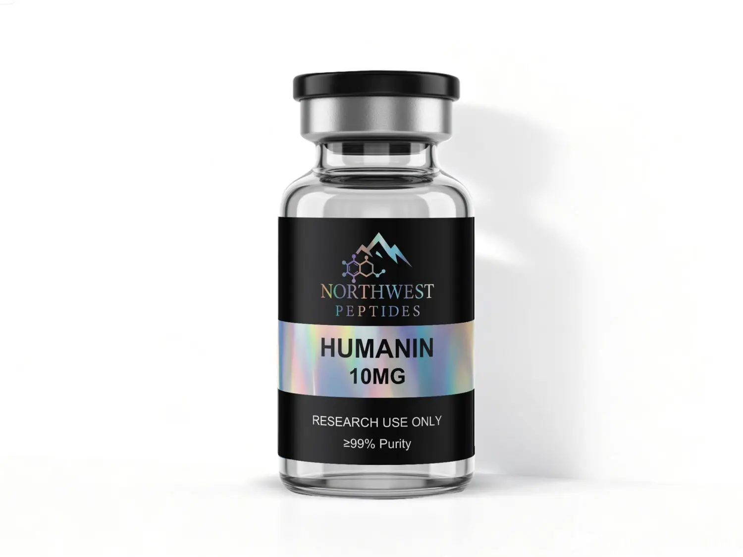 Humanin 10mg Northwest Peptides Humanin 10mg vial — front label with Research Use Only and purity information.