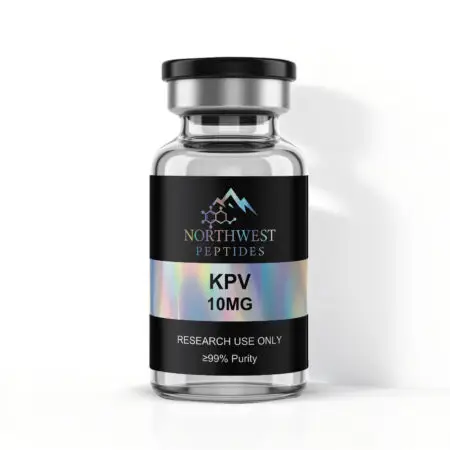 Northwest Peptides KPV 10mg vial — front label with Research Use Only and purity information.
