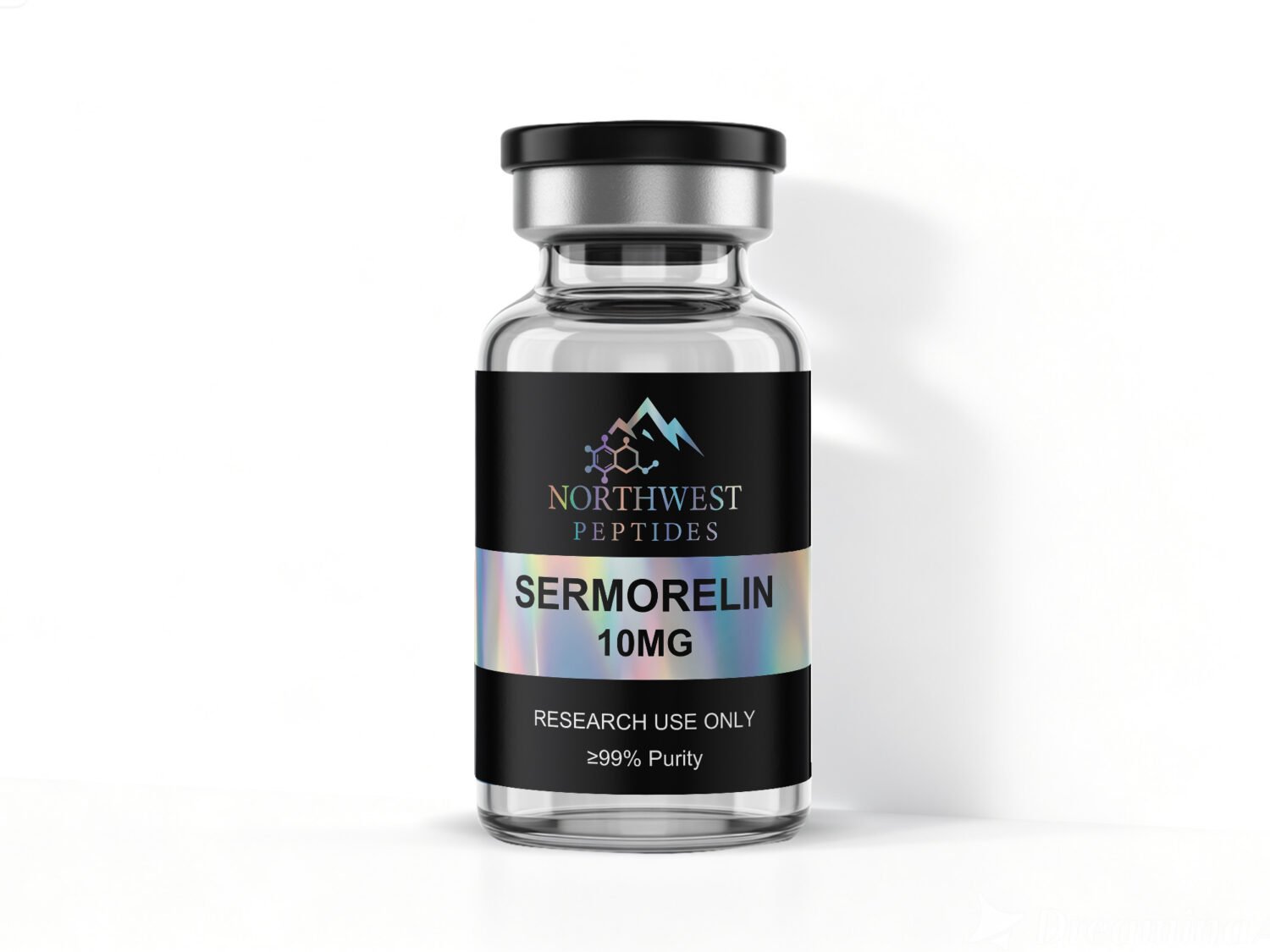 Sermorelin 10mg Northwest Peptides Sermorelin 10mg vial — back label with Research Use Only and purity information