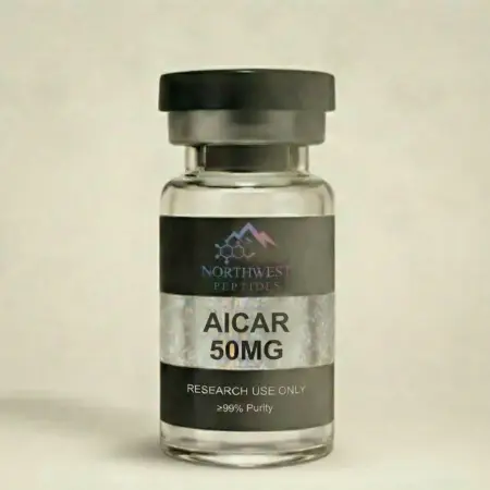 “AICAR research vial on lab desk with Northwest Peptides branding”