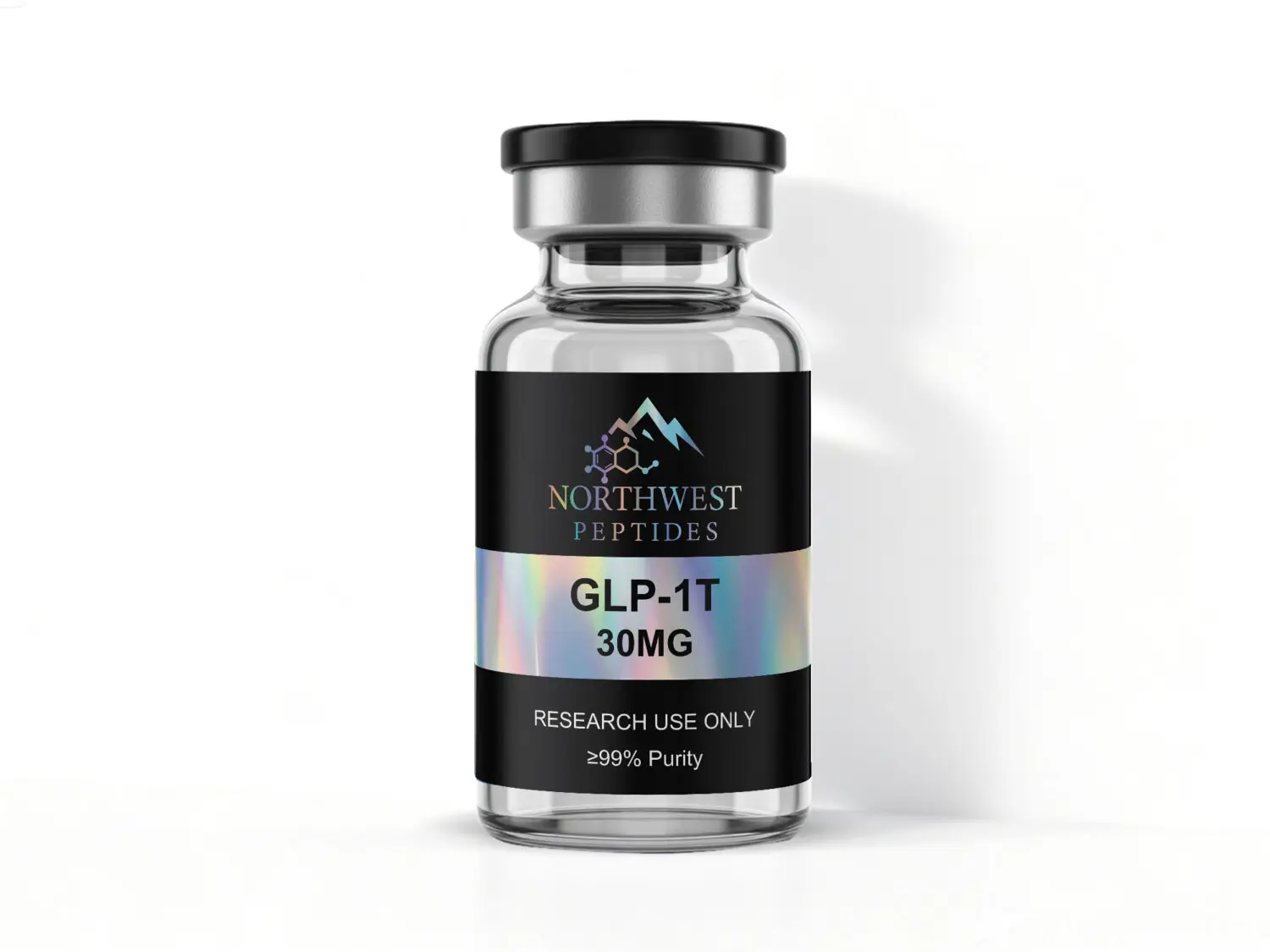 Northwest Peptides GLP-1T 30mg vial — back label with Research Use Only and purity information