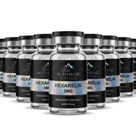 Northwest Peptides Hexarelin 10mg vial — front label with Research Use Only and purity information.