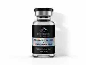 Northwest Peptides Tesamorelin 12mg + Ipamorelin 6mg blend vial — front label with Research Use Only and purity information.