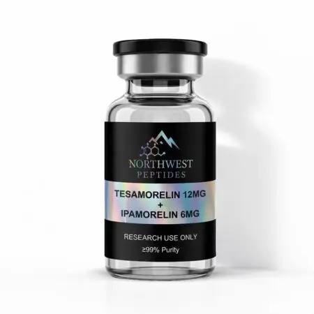Northwest Peptides Tesamorelin 12mg + Ipamorelin 6mg blend vial — front label with Research Use Only and purity information.