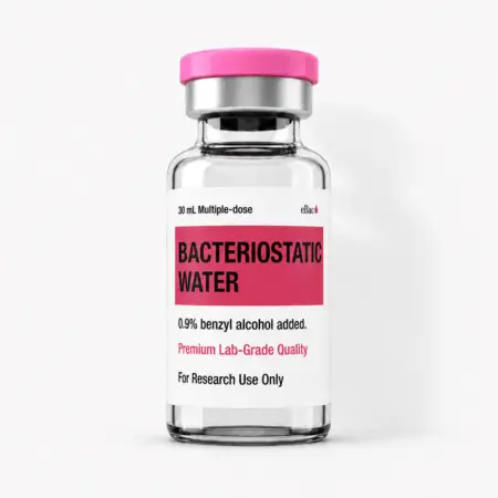 eBac Bacteriostatic Water 30mL vial — front label showing 0.9% benzyl alcohol and Research Use Only information
